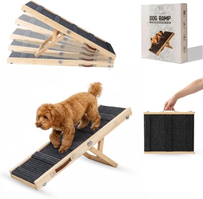 LOVIXA Adjustable Dog Ramp 40.5" Length, 5 Heights 10–24 Inches, Foldable Pet Ramp for Bed & Couch, Solid Wood, Non-Slip Carpet, Portable