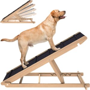 Adjustable Dog Ramp for All Dogs and Cats - Folding Portable Pet Ramp for Couch or Bed with Non Slip Paw Traction Mat, 40”Long and Height Adjustable from 10”to 24” - Up to 250 Lbs Natural